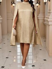 Fleurora 秋冬优雅聚会派对演唱会/音乐节酒会金色针织圆领圆领斗篷袖大码连衣裙 - 金色 - 查看 8