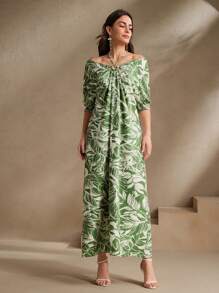 Anewsta 绿色植物与花卉印花宽松露背连衣裙，优雅且适合海滩、节日、外出、女性度假 - 綠色 - 查看 6