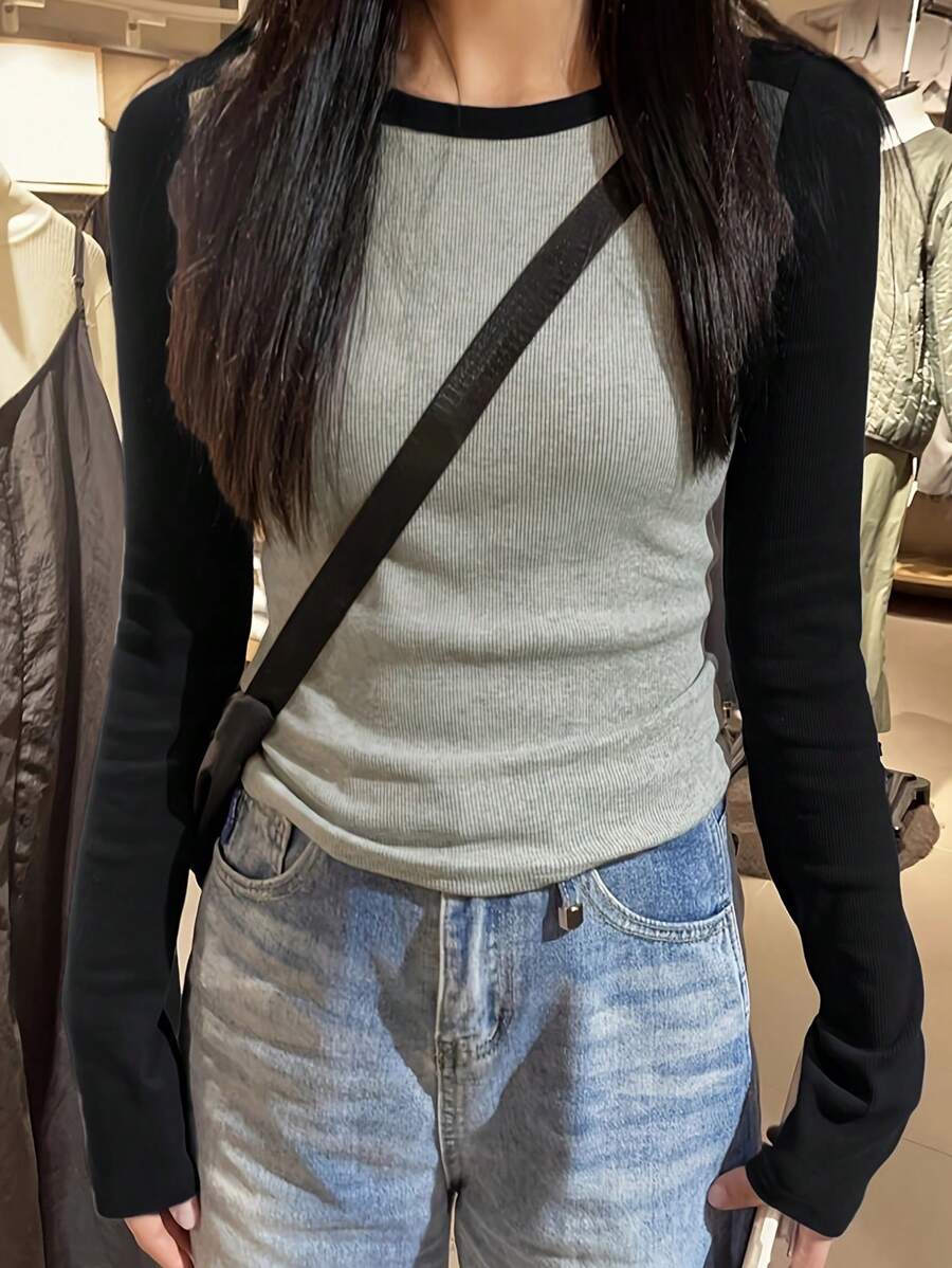 Chiquease Áo thun tay dài cổ vuông màu trơn đơn giản dành cho nữ - màu đen - Xem 1