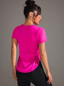 Easithlete Sports-Chic Contrast Mesh Splice Short Sleeve Vibrant T-Shirt - Hot Pink - View 2