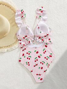 Swim Mod Summer Vacation Sexy Cherry Ruffle Hollow Back One-Piece Swimsuit For Women - Multicolor - View 3
