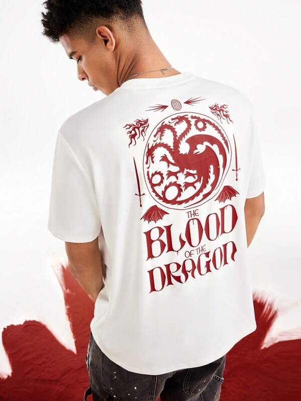 HOUSE OF THE DRAGON X SHEIN Men's Casual Letter Graphic Round Neck Short Sleeve T-Shirt, Summer