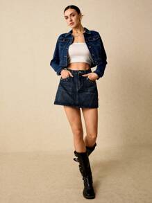 Poéselle 休閒口袋 前紐扣純色女士牛仔夾克 & 外套 - 中等水洗藍 - 查看 4