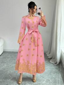 Chiquease Printed Stand Collar Long Sleeve Elegant Casual Long Dress For Women Maxi Women Outfit - Pink - View 1