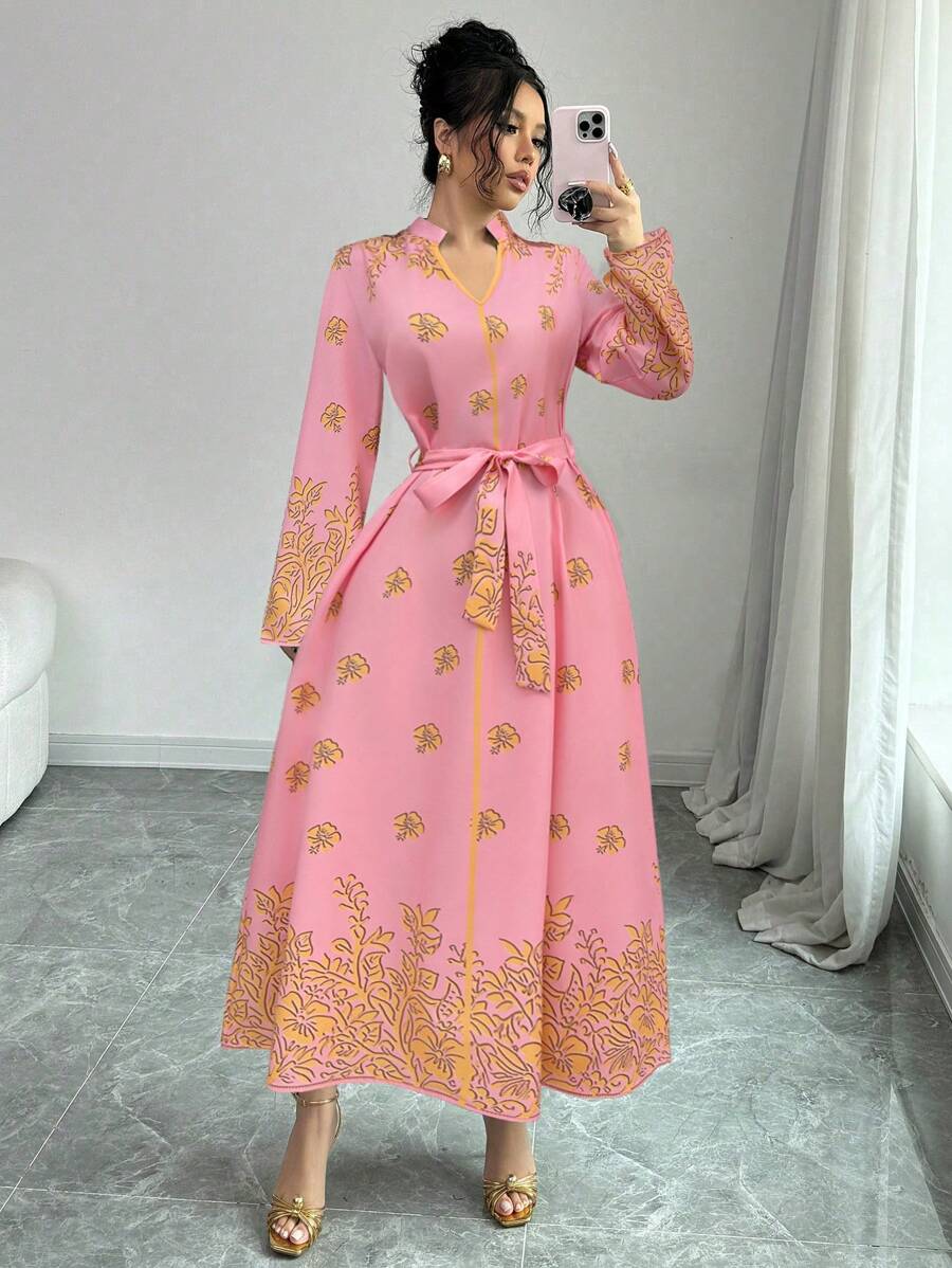 Chiquease Printed Stand Collar Long Sleeve Elegant Casual Long Dress For Women Maxi Women Outfit - Pink - View 1
