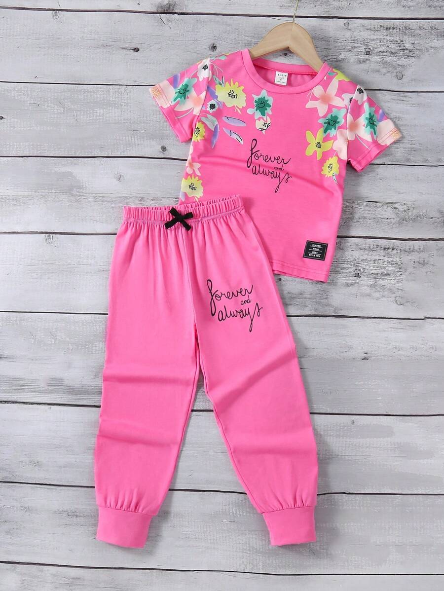 SHEIN Genkimix Kids Young Girls' Floral Print Casual T-Shirt And Pants Set,Summer Family Matching Clothing Sets,Short Sleeve Sporty Outfits For Daily Outings And Holiday - Hot Pink - View 1