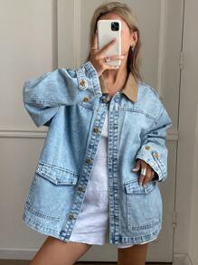 Livesso 女士撞色领牛仔夹克，简约时尚，适合夏季，返校服装 - 中等水洗藍 - 查看 4