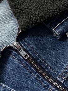 FRIFUL 女式蓝色宽松下摆短款牛仔夹克，配毛领 - 藍色 - 查看 7