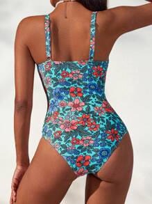 Swim Mod 1pc Women's Floral Print Spaghetti Strap One-Piece Swimsuit, Casual For Beach Vacation For Summer - Mint Green - View 2