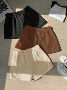 Comfortcana Plus Size 3pcs Solid Color Simple Fashionable Shorts Set, Suitable For Summer - Multicolor - View 1