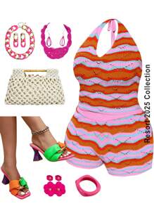 Slaydiva Women's Colorful Stripe Crochet Halter Top & Shorts Set, Beach Vacation Casual, Spring/Summer