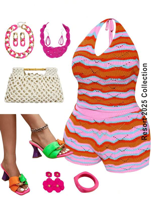 Slaydiva Women's Colorful Stripe Crochet Halter Top & Shorts Set, Beach Vacation Casual, Spring/Summer