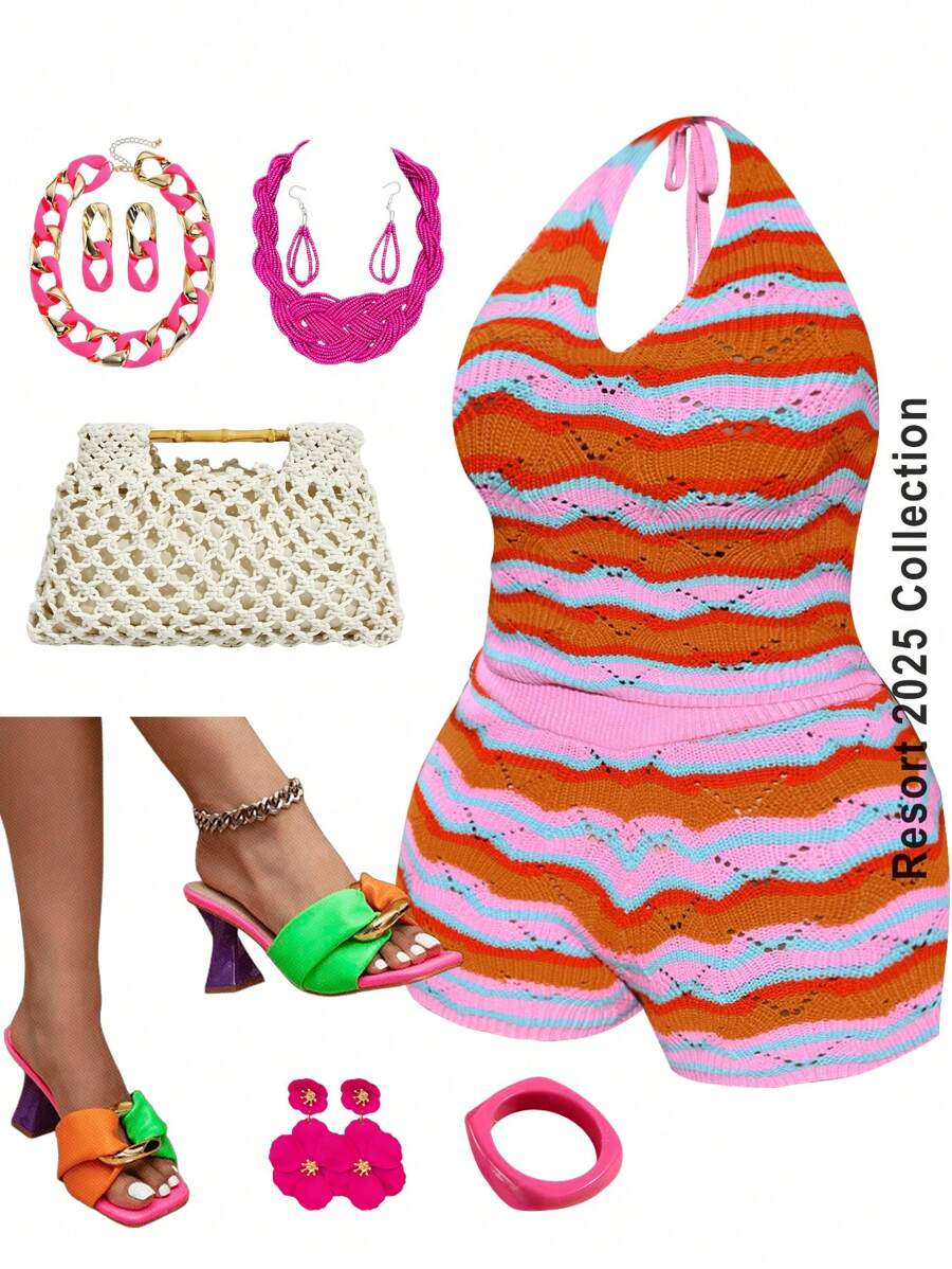 Slaydiva Women's Colorful Stripe Crochet Halter Top & Shorts Set, Beach Vacation Casual, Spring/Summer