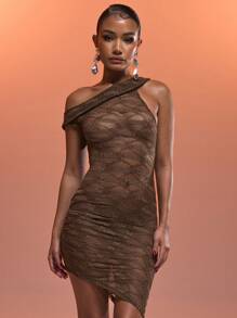 MUSERA One Shoulder Asymmetric 'Musera' Patterned Lace Bodycon Mini Dress Summer Holiday Sexy Ibiza Fits Spring Vacation Beach