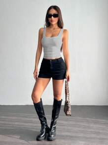 SHEIN PETITE Casual All-Match White Cami Top With Deep U-Neck And Racerback