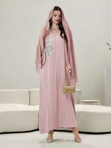 Yasmyna 色块对比装饰迷人 3D 刺绣贴片 V 领长袖土耳其长款束腰外衣，端庄的长袍 - 粉色 - 查看 7