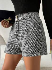 SHEIN PETITE Women's Casual Office Herringbone Texture Shorts - Black - View 1