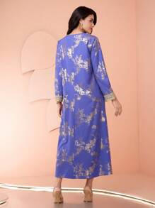 Al Najma 女士优雅网眼拼布 V 领花卉印花长袖连衣裙 - 藍色 - 查看 2