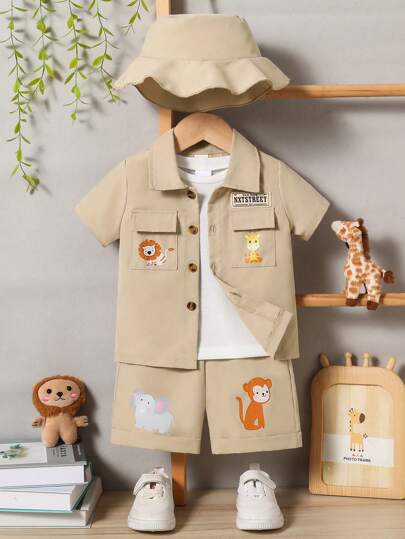 SHEIN Baby Boy Cute Animal Print Outfit With Cap, Casual Cargo Style Short Sleeve Shirt And Shorts Set, Suitable For Everyday Wear, Outdoor Play, Party, Vacation, Spring/Summer