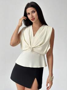 Firerie Women's Elegant Simple Refined Romantic Office Commute Daily V-Neck Metal Buckle Decor Pleated Sleeveless Apricot Blouse, Spring/Summer - White - View 2