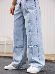 Manfinity Homme Men's Light Wash Denim Long Jeans With Zipper Detail And Wide Leg Fit - Light Wash - View 3