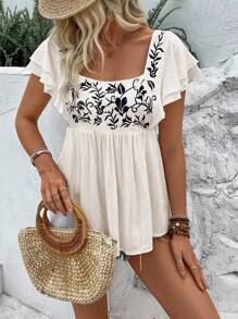 SHEIN LUNE Koszula damska letnia z kwadratowym dekoltem i haftem, z krótkim rękawem i baskinką