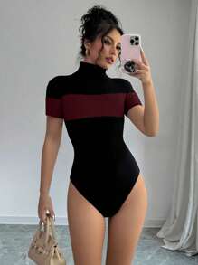 SHEIN Privé 女式修身立领拼色罗纹短袖紧身衣 - 紅色 - View 2