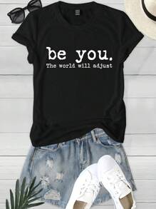 INAWLY 女士休闲标语印花修身 T 恤，夏季 - 黑色 - 查看 1