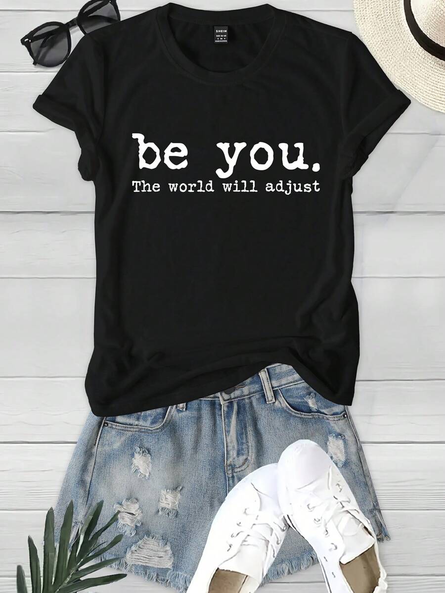 INAWLY 女士休闲标语印花修身 T 恤，夏季 - 黑色 - 查看 1