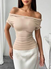 Chiquease Women Off Shoulder Turnup Hem Short Sleeve T-Shirt, Casual For Spring/Summer