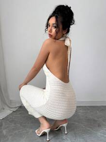 Calvaya Robe tricotée élégante et sexy avec décoration florale 3D, dos nu, encolure en V