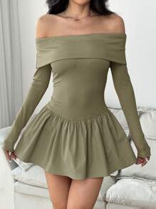 Muchica 女士露肩纯色迷你连衣裙，简约时尚，适合夏季