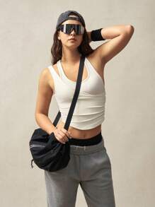 VARSIVA Minimalist Solid Color Asymmetric Neck 2 In 1 Cropped Sports Tank Top - White - View 5