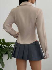 Flirla 女士纯色长袖单排扣休闲修身衬衫 - 卡其色 - 查看 2