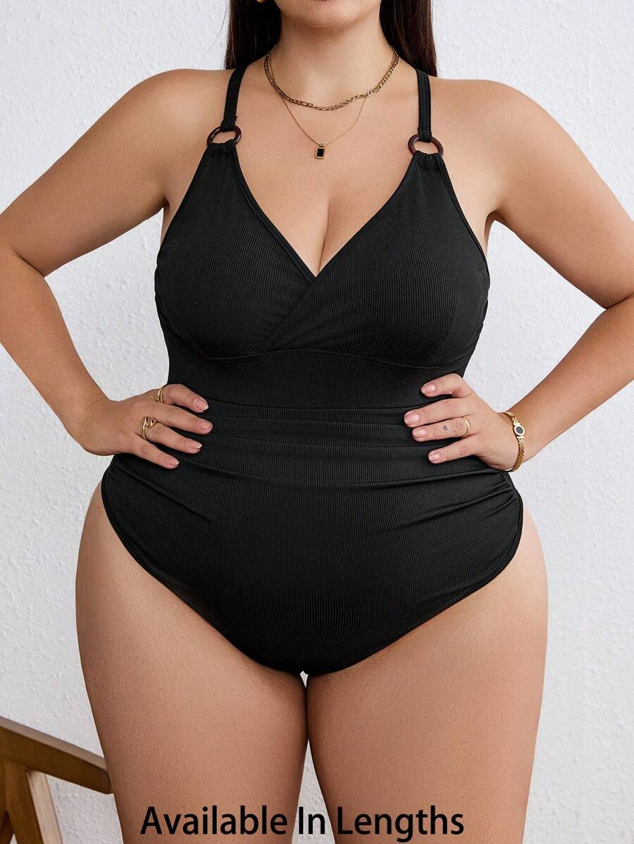 SHEIN Tall CURVE Plus Size Women Solid Color Ruched Criss-Cross Backless One-Piece Bodysuit - Black - View 1