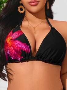 Swim Lushoire Plus Size Women Metal Accent One-Piece Swimwear Top, Multi-Color Print, Minimalist Daily/Holiday/Beach Wear For Summer - Multicolor - View 6