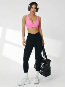 Easithlete Solid Deep V-Neck Seamless Crisscross Open Back Sports Bra - Pink - View 6