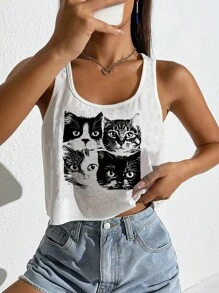 SHEIN EZwear 女士休闲黑白猫咪印花超大 U 领短款背心