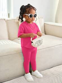 Bubblio 女婴紫红色短袖 T 恤和松紧腰裤套装，休闲时尚服装 亮黄色休闲时尚服装 - 玫紅色 - 查看 3