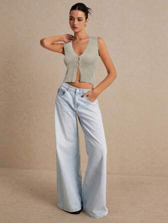 Poéselle 女式夏季休闲纯色无袖针织简约开襟毛衣背心下摆开衩