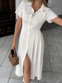 Pariaura 杏色荷叶边下摆口袋衬衫裙，女士休闲优雅通勤长裙 - 杏色 - 查看 5