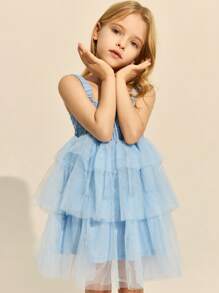 SHEIN Young Girls' Elegant Pink & Blue Mesh Fitted Sleeveless Dress, Spring/Summer - Blue - View 6