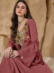 Al Najma 女士 V 领套头衫优雅花卉长袍传统长裙，春夏 - 粉色 - 查看 7