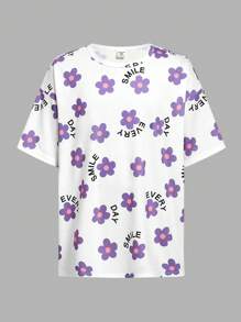 SHEIN Tween-Mädchen Set mit kurzärmligem Rundhals-Oberteil mit Blumenmuster und einfarbigen Shorts für Ostern
