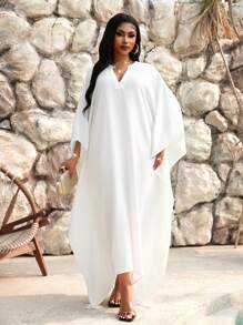 SHEIN Lady Spring And Summer Elegant Commuting Office Casual Boho Casual Outing White Woven V Neck Flounce Tunic Dress Long Three Quarter Length Sleeve Plus Size Dresses Plus Size Abayas Modest Dress Abaya Dress Summer Outfits For Women Summer Dresses For Women Elegant Dresses For Women Elegant Vacation Outfits Women Vacation Vacation Dress Boho Women Clothing Classy Outfits For Women Old Money Resort Wear Women White Dresses