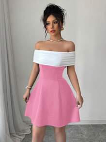 Elenzga Elegant Sleeveless Black & White Contrast Bowknot Back Design Waist Cinched A-Line Dress, Daily Commute Wear For Spring And Summer