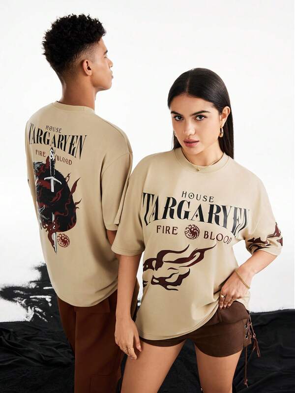 Game of Thrones X SHEIN Men's Letter & Graphic Print Round Neck Short Sleeve T-Shirt