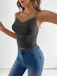 SHEIN Tall Women's Solid Color Ruched Collar Fitted Camisole - Dark Grey - View 3