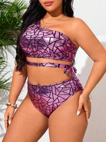 SHEIN Swim Curve Plus Size Women 2pcs Set Gold Foil One Shoulder Split High Waist Triangle Bikini Swimwear For Summer Beach Vacation - Multicolor - View 6