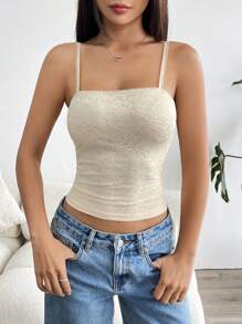 SHEIN EZwear Áo hai dây viền ren cho nữ, thiết kế tối giản, phù hợp cho mùa hè - Màu be - Xem 4